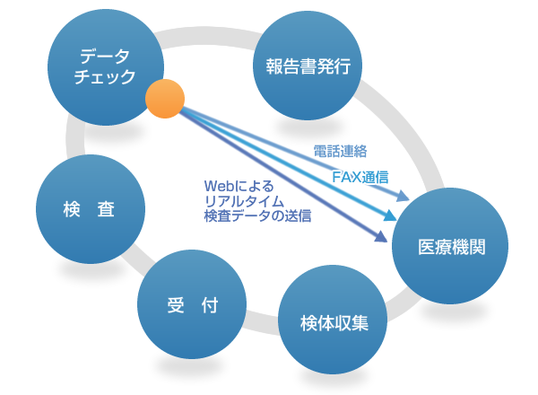 Webによるリアルタイム検査データの送信、データチェック・報告書発行・医療機関・検体収集・受付・検査