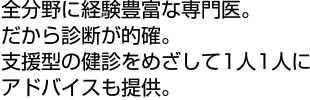 全分野に経験豊富な専門医。だから診断が的確。支援型の健診をめざして1人1人にアドバイスも提供。